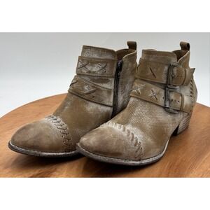 ROAN By Bed Stu Dune Heeled Leather Ankle Booties Distressed Tan White 6